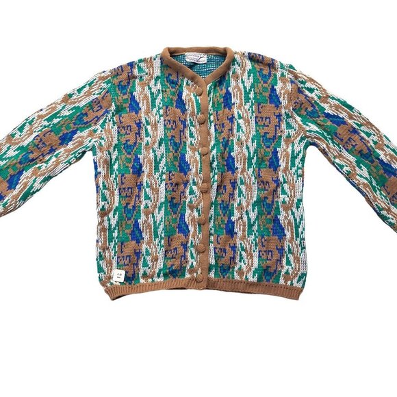 40s-80s Vintage Sweaters - Vintage Abby Gray 1940s-1950s Fair Isels Tan/Brown Multi-Color Cardigan Sweater